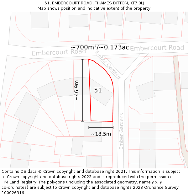 51, EMBERCOURT ROAD, THAMES DITTON, KT7 0LJ: Plot and title map