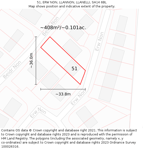 51, ERW NON, LLANNON, LLANELLI, SA14 6BL: Plot and title map