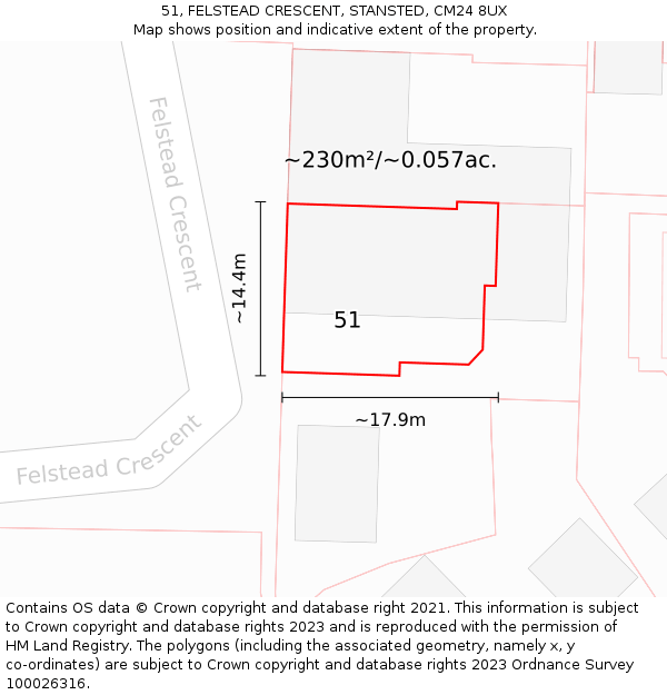 51, FELSTEAD CRESCENT, STANSTED, CM24 8UX: Plot and title map