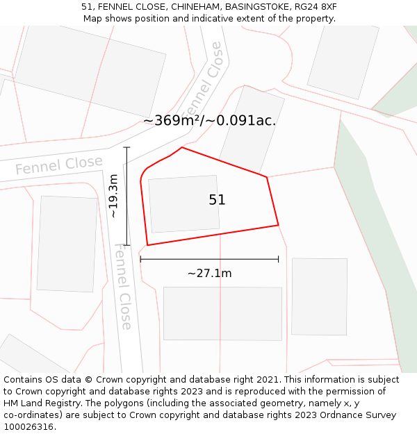 51, FENNEL CLOSE, CHINEHAM, BASINGSTOKE, RG24 8XF: Plot and title map