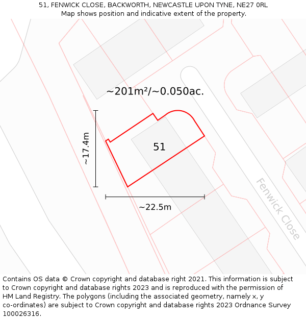 51, FENWICK CLOSE, BACKWORTH, NEWCASTLE UPON TYNE, NE27 0RL: Plot and title map