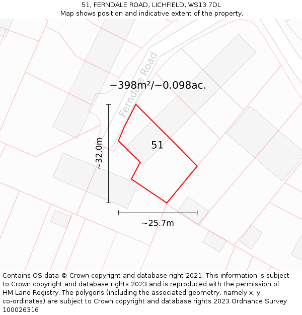 51, FERNDALE ROAD, LICHFIELD, WS13 7DL: Plot and title map