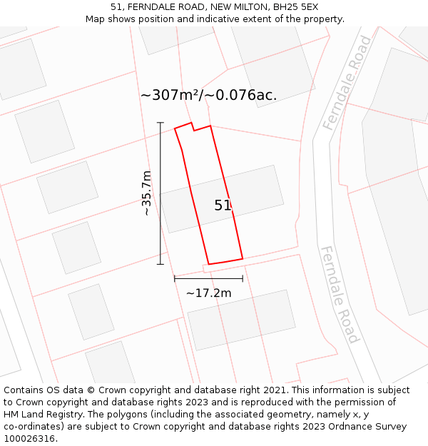 51, FERNDALE ROAD, NEW MILTON, BH25 5EX: Plot and title map