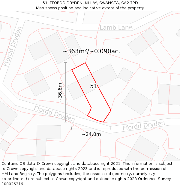 51, FFORDD DRYDEN, KILLAY, SWANSEA, SA2 7PD: Plot and title map