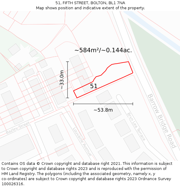 51, FIFTH STREET, BOLTON, BL1 7NA: Plot and title map