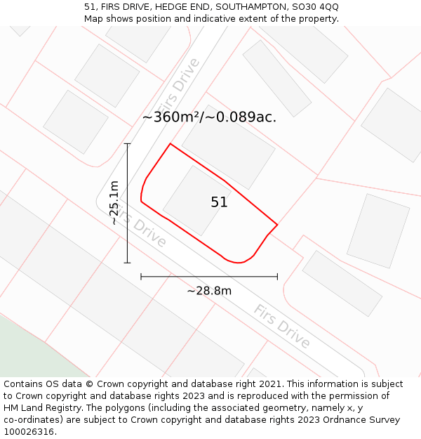 51, FIRS DRIVE, HEDGE END, SOUTHAMPTON, SO30 4QQ: Plot and title map