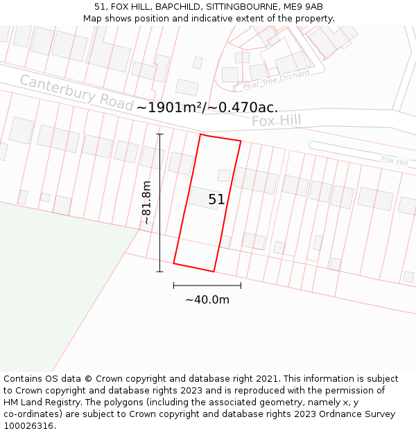 51, FOX HILL, BAPCHILD, SITTINGBOURNE, ME9 9AB: Plot and title map