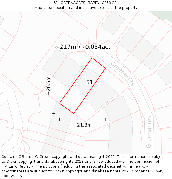 51, GREENACRES, BARRY, CF63 2PL: Plot and title map