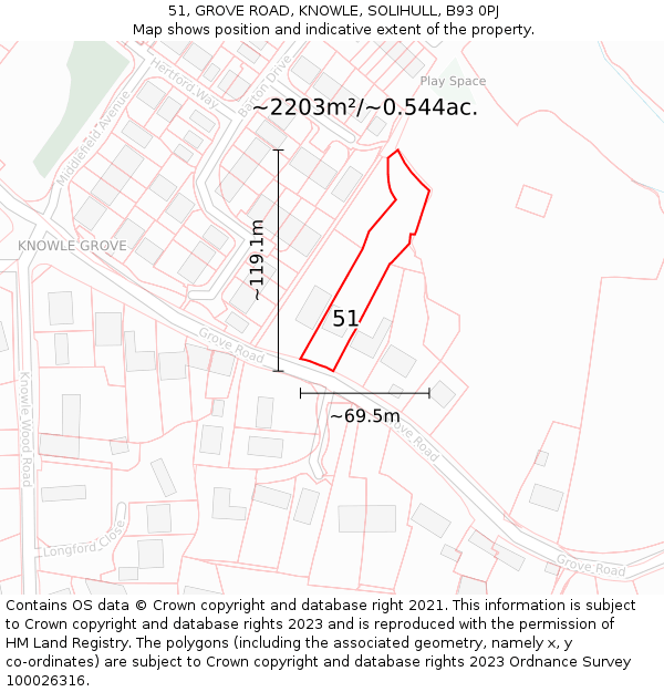 51, GROVE ROAD, KNOWLE, SOLIHULL, B93 0PJ: Plot and title map