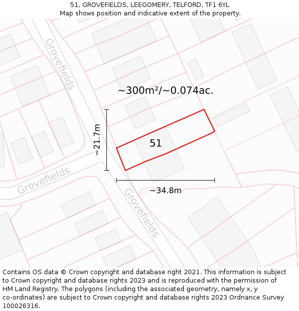 51, GROVEFIELDS, LEEGOMERY, TELFORD, TF1 6YL: Plot and title map