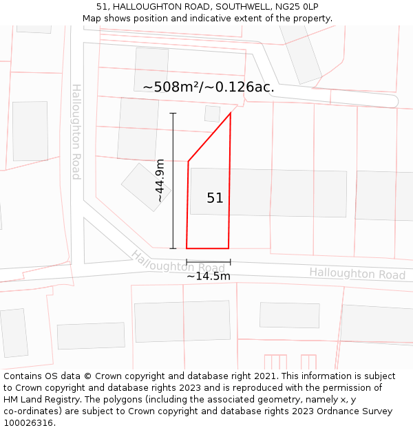 51, HALLOUGHTON ROAD, SOUTHWELL, NG25 0LP: Plot and title map