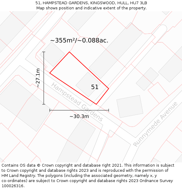 51, HAMPSTEAD GARDENS, KINGSWOOD, HULL, HU7 3LB: Plot and title map