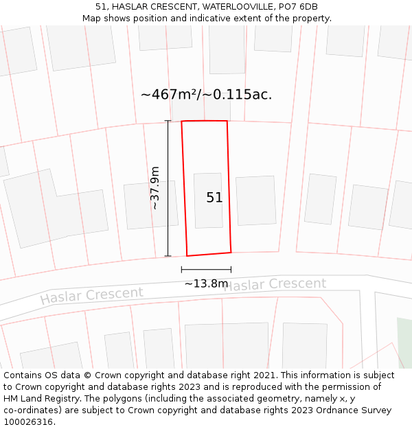 51, HASLAR CRESCENT, WATERLOOVILLE, PO7 6DB: Plot and title map