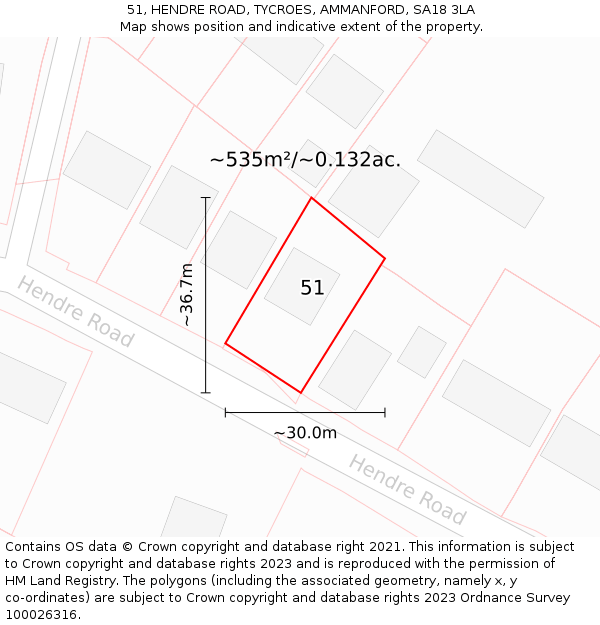 51, HENDRE ROAD, TYCROES, AMMANFORD, SA18 3LA: Plot and title map