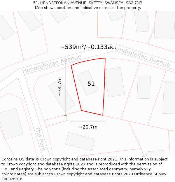 51, HENDREFOILAN AVENUE, SKETTY, SWANSEA, SA2 7NB: Plot and title map