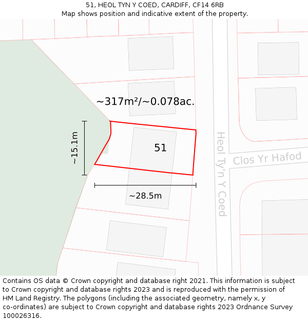 51, HEOL TYN Y COED, CARDIFF, CF14 6RB: Plot and title map