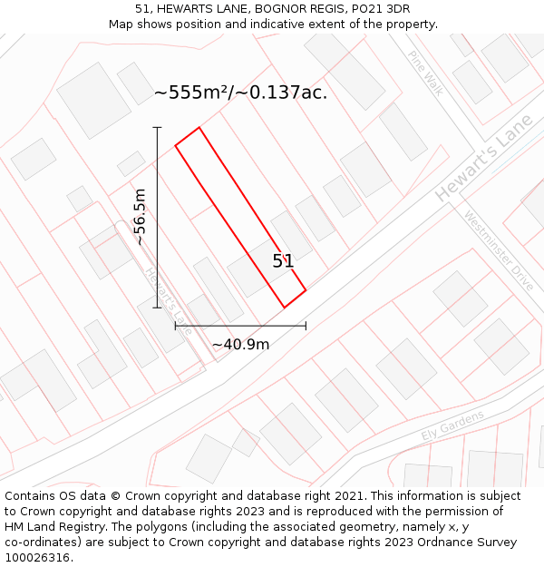 51, HEWARTS LANE, BOGNOR REGIS, PO21 3DR: Plot and title map