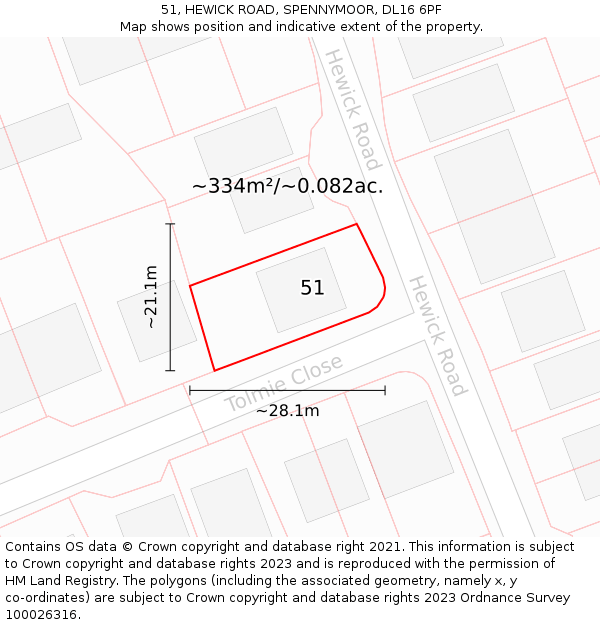 51, HEWICK ROAD, SPENNYMOOR, DL16 6PF: Plot and title map