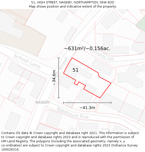 51, HIGH STREET, NASEBY, NORTHAMPTON, NN6 6DD: Plot and title map