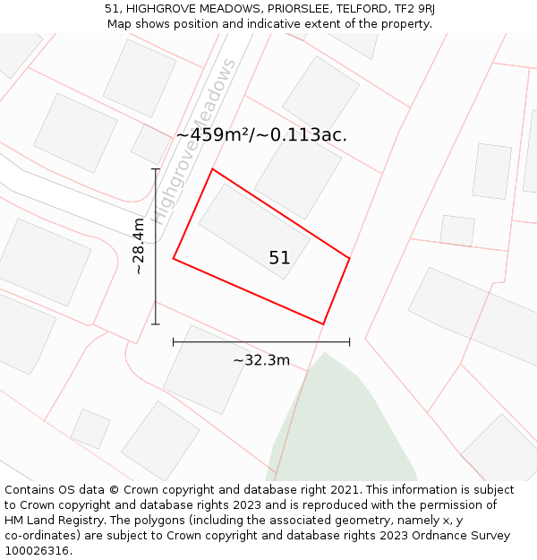 51, HIGHGROVE MEADOWS, PRIORSLEE, TELFORD, TF2 9RJ: Plot and title map