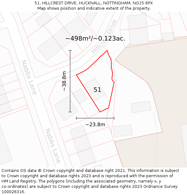 51, HILLCREST DRIVE, HUCKNALL, NOTTINGHAM, NG15 6PX: Plot and title map