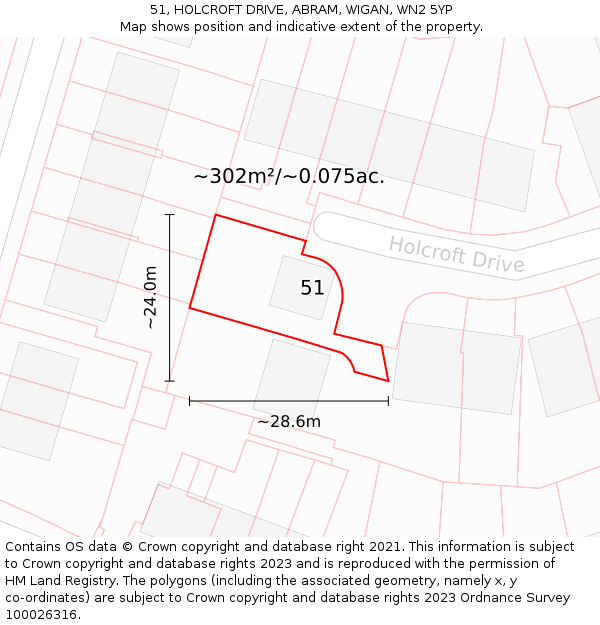 51, HOLCROFT DRIVE, ABRAM, WIGAN, WN2 5YP: Plot and title map