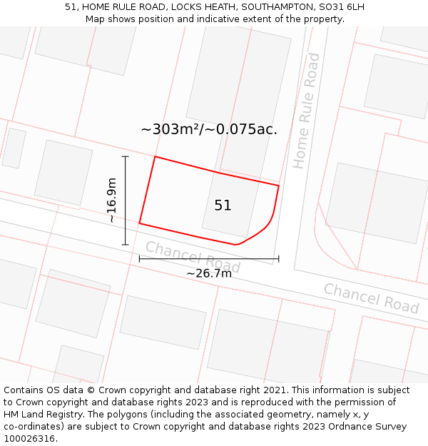 51, HOME RULE ROAD, LOCKS HEATH, SOUTHAMPTON, SO31 6LH: Plot and title map