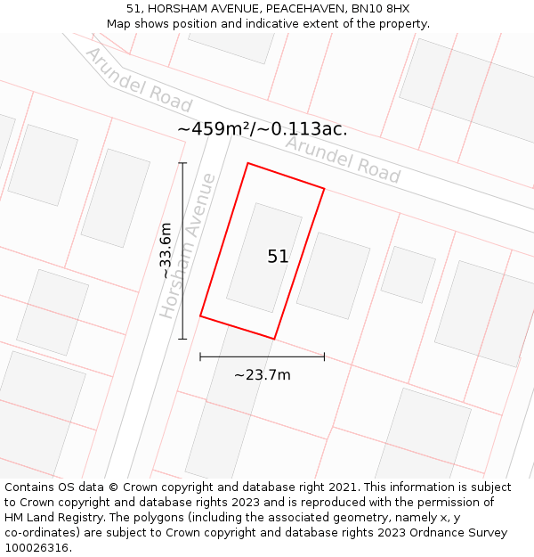 51, HORSHAM AVENUE, PEACEHAVEN, BN10 8HX: Plot and title map