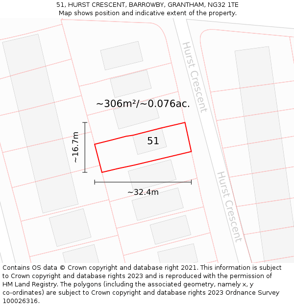 51, HURST CRESCENT, BARROWBY, GRANTHAM, NG32 1TE: Plot and title map