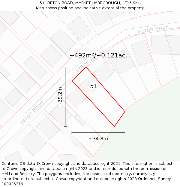 51, IRETON ROAD, MARKET HARBOROUGH, LE16 9NU: Plot and title map