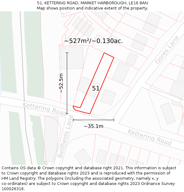 51, KETTERING ROAD, MARKET HARBOROUGH, LE16 8AN: Plot and title map
