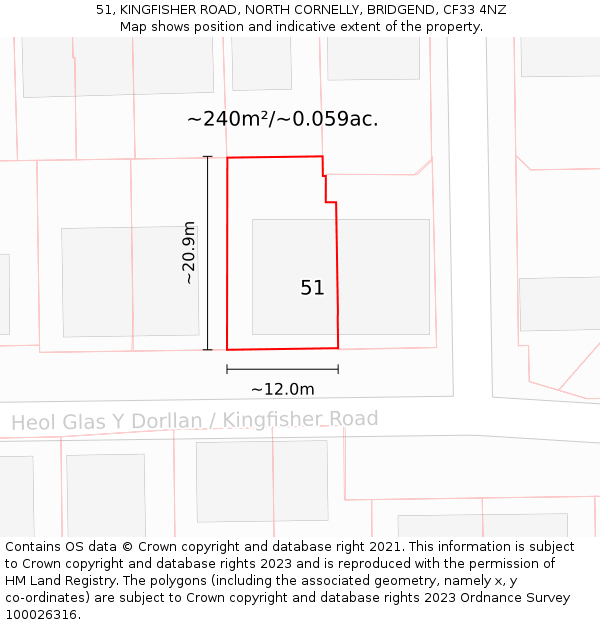 51, KINGFISHER ROAD, NORTH CORNELLY, BRIDGEND, CF33 4NZ: Plot and title map