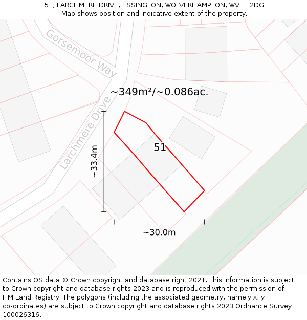 51, LARCHMERE DRIVE, ESSINGTON, WOLVERHAMPTON, WV11 2DG: Plot and title map