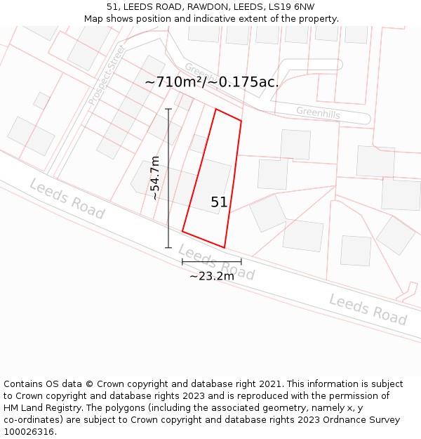 51, LEEDS ROAD, RAWDON, LEEDS, LS19 6NW: Plot and title map