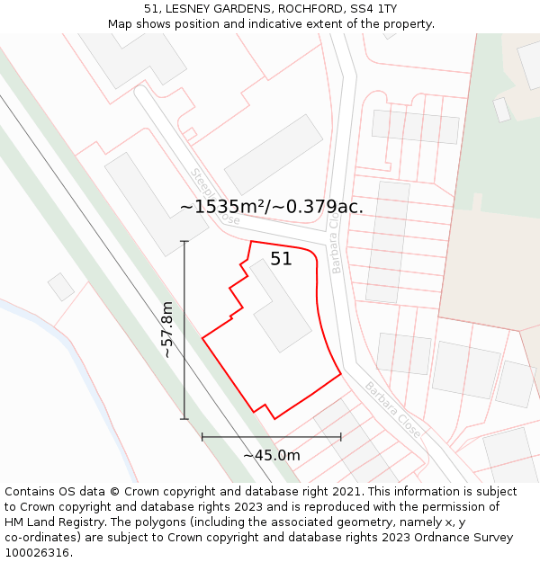 51, LESNEY GARDENS, ROCHFORD, SS4 1TY: Plot and title map