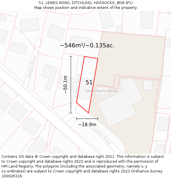51, LEWES ROAD, DITCHLING, HASSOCKS, BN6 8TU: Plot and title map