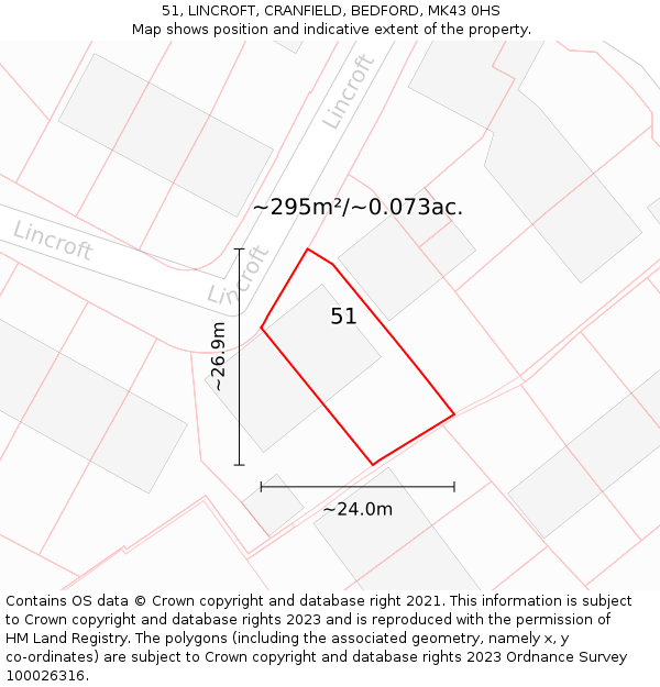 51, LINCROFT, CRANFIELD, BEDFORD, MK43 0HS: Plot and title map