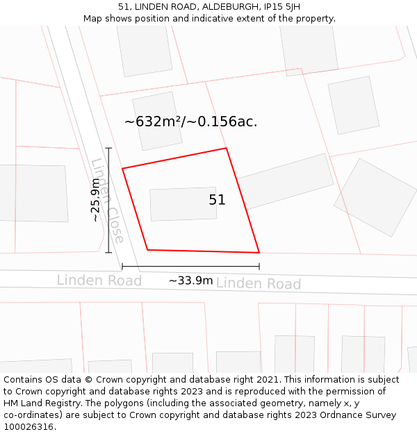 51, LINDEN ROAD, ALDEBURGH, IP15 5JH: Plot and title map