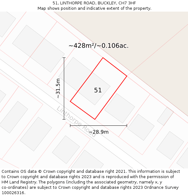 51, LINTHORPE ROAD, BUCKLEY, CH7 3HF: Plot and title map