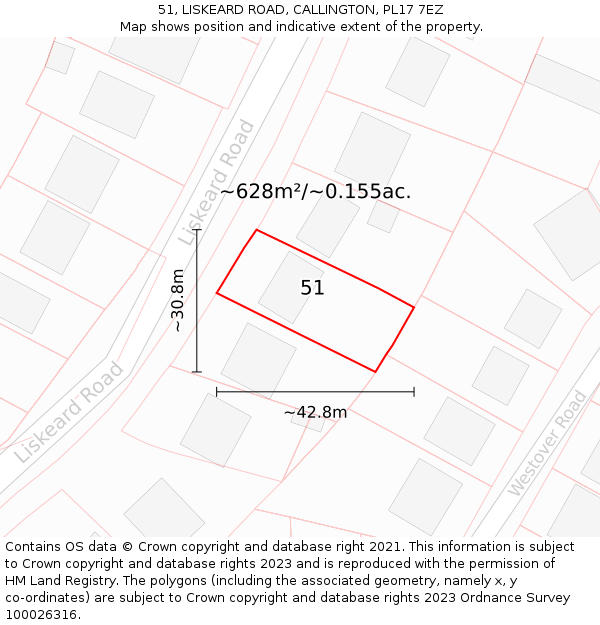 51, LISKEARD ROAD, CALLINGTON, PL17 7EZ: Plot and title map