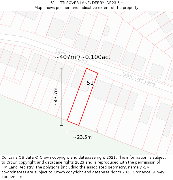 51, LITTLEOVER LANE, DERBY, DE23 6JH: Plot and title map