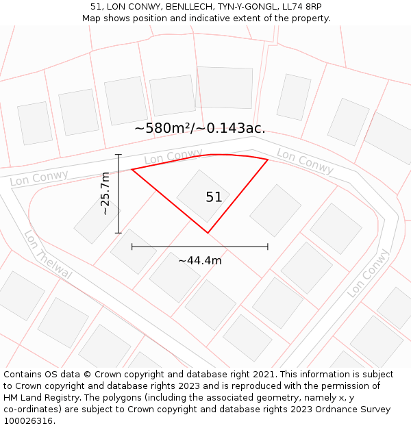 51, LON CONWY, BENLLECH, TYN-Y-GONGL, LL74 8RP: Plot and title map