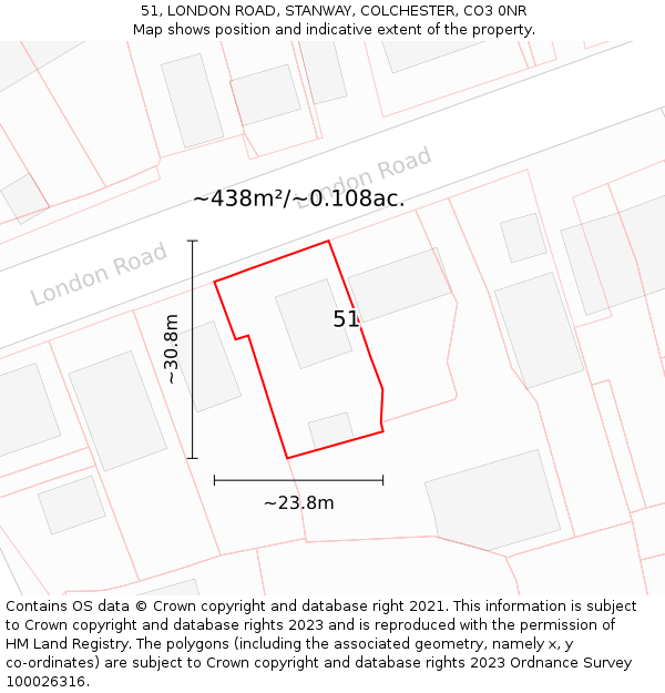 51, LONDON ROAD, STANWAY, COLCHESTER, CO3 0NR: Plot and title map