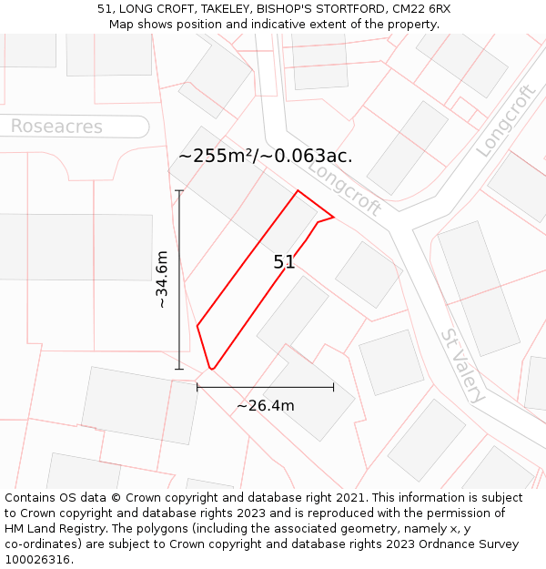 51, LONG CROFT, TAKELEY, BISHOP'S STORTFORD, CM22 6RX: Plot and title map