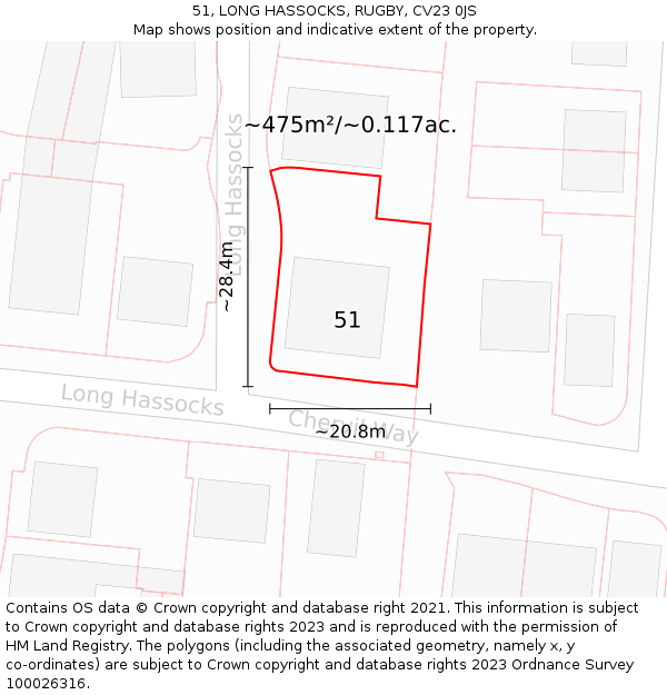 51, LONG HASSOCKS, RUGBY, CV23 0JS: Plot and title map
