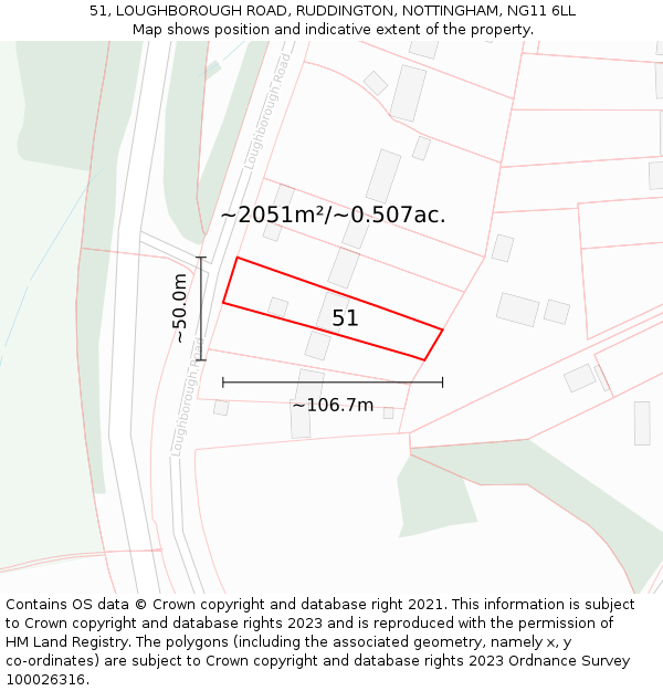 51, LOUGHBOROUGH ROAD, RUDDINGTON, NOTTINGHAM, NG11 6LL: Plot and title map