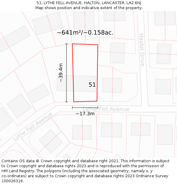 51, LYTHE FELL AVENUE, HALTON, LANCASTER, LA2 6NJ: Plot and title map