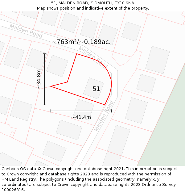 51, MALDEN ROAD, SIDMOUTH, EX10 9NA: Plot and title map