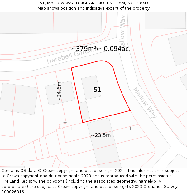 51, MALLOW WAY, BINGHAM, NOTTINGHAM, NG13 8XD: Plot and title map