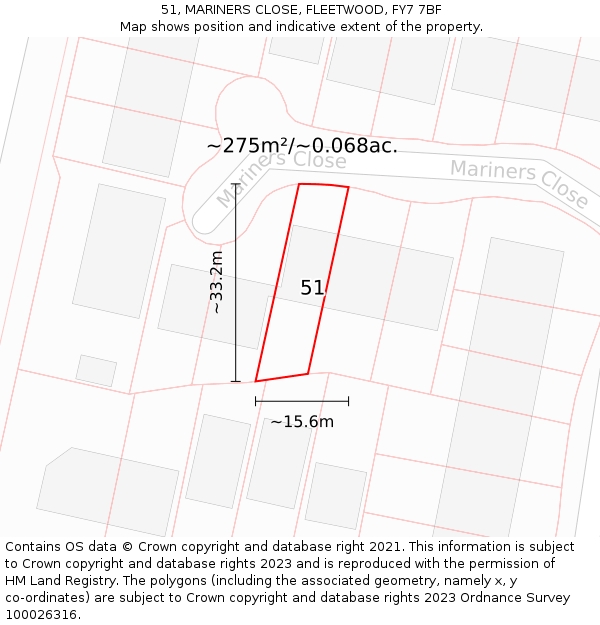 51, MARINERS CLOSE, FLEETWOOD, FY7 7BF: Plot and title map